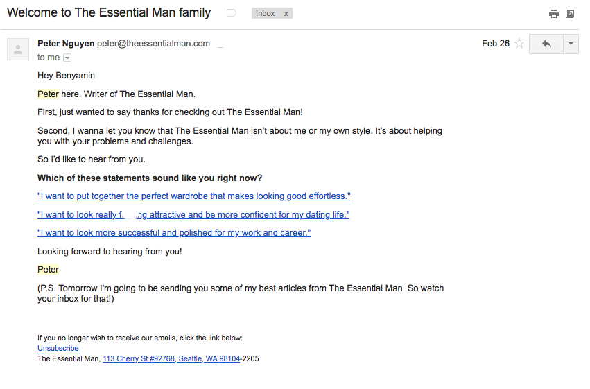 the essential man welcome email