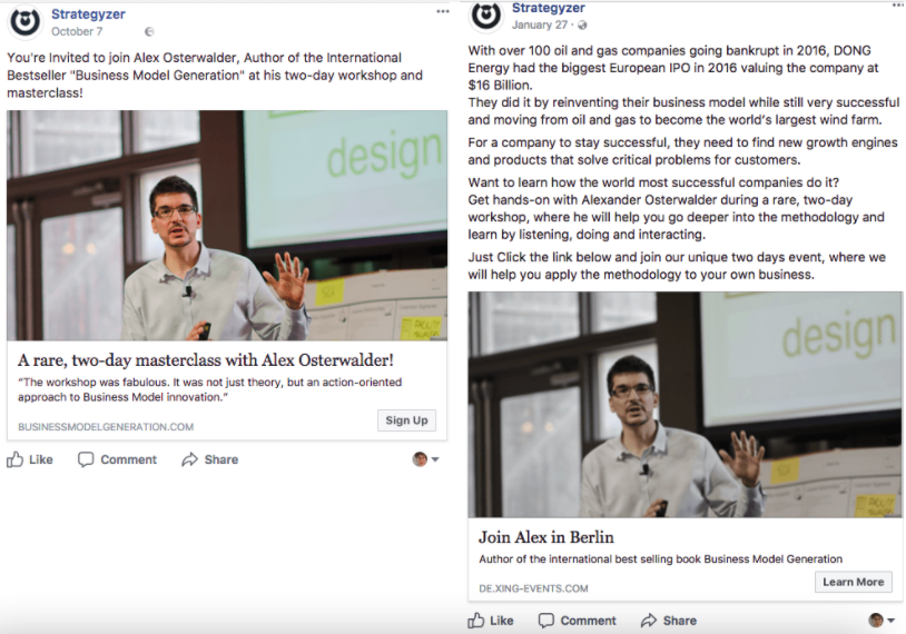 Screenshot of Strategzer's A/B testing Facebook ads