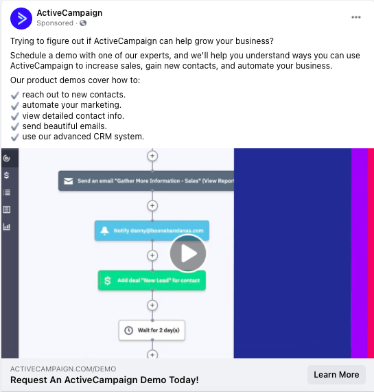 screenshot of ActiveCampaign's sponsored Facebook ad