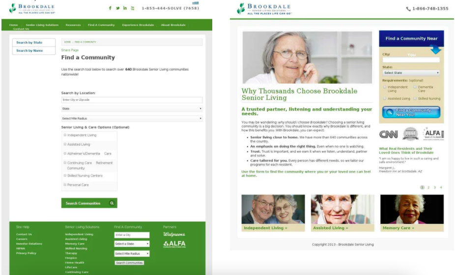 Screenshot of Brookdale Living's landing page A/B test